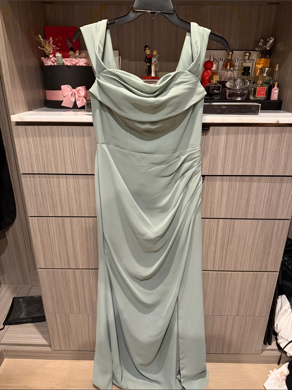 JJs House Sage Green Draped Maxi Evening Dress